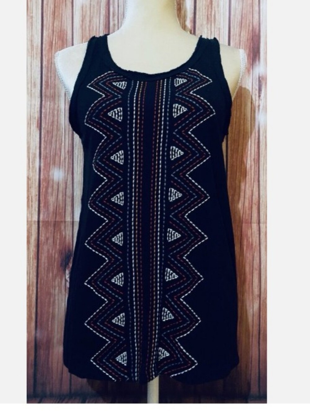 Sundance Black Tank with Colorful Geometric Stitching